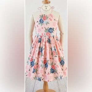 Ricrac & Ruffles Girls Floral Halter Twirl Dress Size 8 Pink Blue Lace Detail